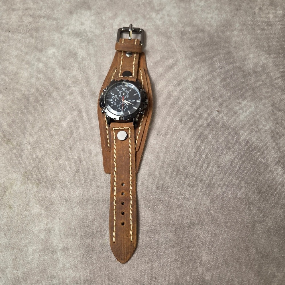 Jin Xin Mens Watch Black Dial Brn Leather Cuff Bund Strap Distressed Industrial